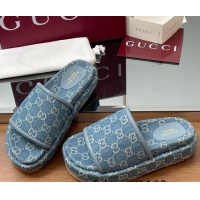 Good Quality Gucci GG Denim Platform Slides Sandal Blue 2025 816797