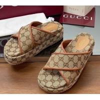 Best Price Gucci Original GG Canvas Platform Slides Sandal with Cross Strap Beige 2025 816798