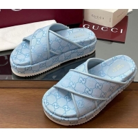 Top Design Gucci Original GG Canvas Platform Slides Sandal with Cross Strap Light Blue 2025 816798