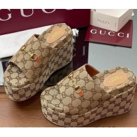 Shop Duplicate Gucci GG Canvas Wedge Slides Sandal 12cm with Horsebit Beige 2025 816328