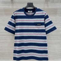 High Quality Miu Miu Striped Cotton T-Shirt 30014 Blue 2025