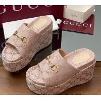 Sumptuous Gucci GG Canvas Wedge Slides Sandal 12cm with Horsebit Light Pink 2025 816328