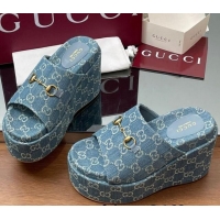 Good Quality Gucci GG Denim Wedge Slides Sandal 12cm with Horsebit Blue 2025 816328