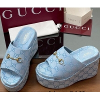 Pretty Style Gucci GG Canvas Wedge Slides Sandal 12cm with Horsebit Light Blue 2025 816328