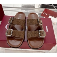Classic Hot Gucci GG Suede Flat Slides Sandal with Buckle Brown 2025 GG042302