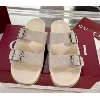 Top Grade Gucci GG Suede Flat Slides Sandal with Buckle Beige 2025 GG042302