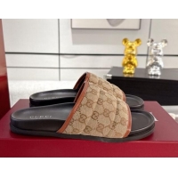 Luxury Gucci GG Padded Canvas Flat Slides Sandal with Wide Strap Beige 2025 838089