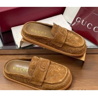 Good Quality Gucci GG Suede Flat Mules with Double G Light Brown 2025 817468