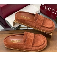 Pretty Style Gucci GG Suede Flat Mules with Double G Brown 817468