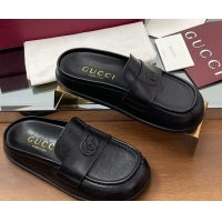 Unique Style Gucci GG Leather Flat Mules with Double G Black 817468