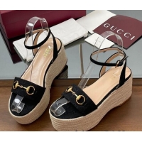Popular Style Gucci GG Canvas Platform Espadrille Sandals 8cm with Horsebit Black 816692