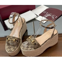 Charming Gucci GG Canvas Platform Espadrille Sandals 8cm with Horsebit Beige 816692