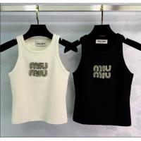Promotional Miu Miu Cotton Vest with Green Beads Logo 0116 White/Black 2025