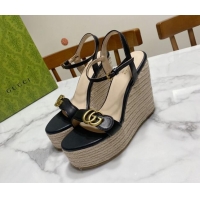 Pretty Style Gucci Wave Leather Platform Espadrille Sandals 12cm Black 2025 GG042304