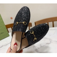 Stylish Gucci Princetown Glitters Flat Slippers Black 2025 557730