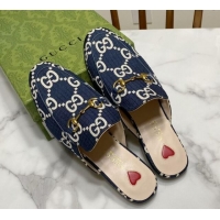 Expensive Gucci Princetown GG Check Fabric Flat Slippers Navy Blue 2025 557730