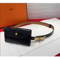 Spot Bulk Hermes Kelly Pocket 18 Pouch Belt 1.8cm with Gold Hardware in Crocodile Leather 8210 Black 2025