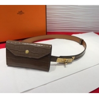Best Quality Hermes Kelly Pocket 18 Pouch Belt 1.8cm with Gold Hardware in Crocodile Leather 8210 Grey 2025