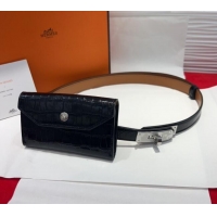Promotional Hermes Kelly Pocket 18 Pouch Belt 1.8cm with Silver Hardware in Crocodile Leather 8211 Black 2025