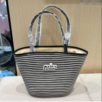 Luxury Discount Miu Miu Straw Striped Basket Bag 0513 Black 2025