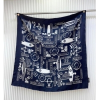 Good Quality Chanel Printed Silk Square Scarf 90x90cm CH051309 Navy Blue 2025