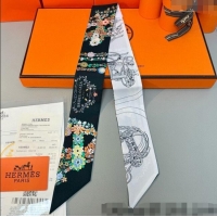 Well Crafted Hermes Brides de Gala en Fleurs Twilly Silk Bandeau Scarf 5x86.5cm H4004 Black 2025
