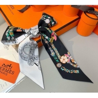 Well Crafted Hermes Brides de Gala en Fleurs Twilly Silk Bandeau Scarf 5x86.5cm H4004 Black 2025