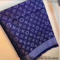 Low Cost Louis Vuitton Classic Silk Wool Shawl Scarf 140cm with Silver-Tone Lurex V4030 Navy Blue 2025