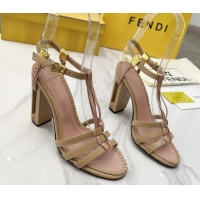 Classic Hot Fendi Delfina High Heel Sandals 10cm in Leather with T-bar Strap Beige 0425128