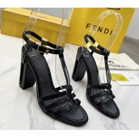 Good Quality Fendi Delfina High Heel Sandals 10cm in Leather with T-bar Strap Black 0425129