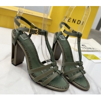 Sophisticated Fendi Delfina High Heel Sandals 10cm in Leather with T-bar Strap Green 0425130