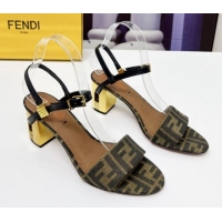 Pretty Style Fendi Delfina Medium Heel Sandals 6cm in Brown FF Jacquard Fabric 0425134