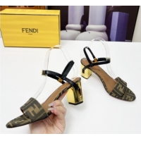 Pretty Style Fendi Delfina Medium Heel Sandals 6cm in Brown FF Jacquard Fabric 0425134