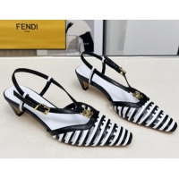 Duplicate Fendi FFold Slingbacks Heeled Sandals 5cm in Bonded Leather Stripes Black/White 0425135