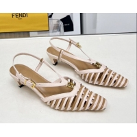 Sumptuous Fendi FFold Slingbacks Heeled Sandals 5cm in Bonded Leather Stripes Pink/Beige 0425137