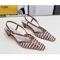 Stylish Fendi FFold Slingbacks Heeled Sandals 5cm in Bonded Leather Stripes Brown/Green 0425138