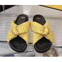 Best Grade Fendi Feel Flat Slides Sandal in FF Satin with D-ring Buckle Yellow 0425141