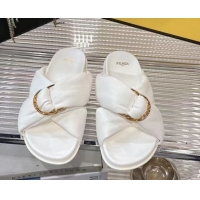 Low Price Fendi Feel Flat Slides Sandal in Lambskin Leather with D-ring Buckle White 0425142