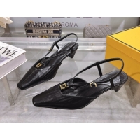 Lowest Price Fendi FFold Slingbacks Heeled Sandals 5cm in Eel Emboosed Leather Black 0425144