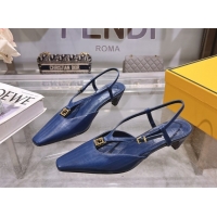 Unique Style Fendi FFold Slingbacks Heeled Sandals 5cm in Eel Emboosed Leather Navy Blue 0425149