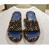 Good Looking Fendi Sunshine Platform Slides Sandal 6cm in FF Fabric Navy Blue 0426001