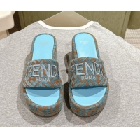 Luxury Discount Fendi Sunshine Platform Slides Sandal 6cm in FF Fabric Light Blue 0426003
