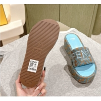 Luxury Discount Fendi Sunshine Platform Slides Sandal 6cm in FF Fabric Light Blue 0426003