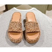 Best Product Fendi Sunshine Platform Slides Sandal 6cm in FF Fabric Apricot 0426006