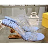Lower Price Fendi First Heel Slides Sandal 10cm in Strass FF PVC Light Blue 0426007
