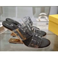 Good Quality Fendi First Heel Slides Sandal 10cm in Strass FF PVC Black 0426008