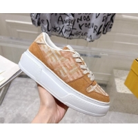 Stylish Fendi Match Platform Sneakers 5cm in FF Jacquard and Suede Light Brown 0426025