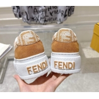 Stylish Fendi Match Platform Sneakers 5cm in FF Jacquard and Suede Light Brown 0426025