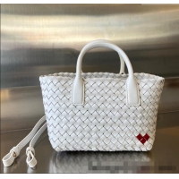 Top Design Bottega Veneta Heart Mini Cabat Tote Bag in Intreccio Leather 709464 White 2025
