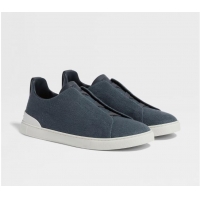 Spot Discount Zegna Cotton Linen And Leather Triple Stitch Sneakers Z8411 Dark Teal Blue